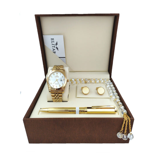 Luxury Men's Gift Box Set – Wrist Watch - Golden , Tasbeeh, Pen, and Cufflinks ( Golden Color & Multiple Designs)