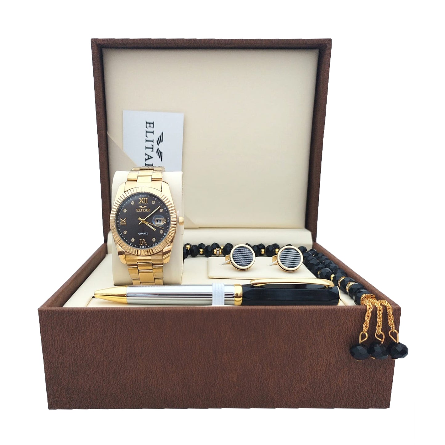 Luxury Men's Gift Box Set – Wrist Watch - Golden , Tasbeeh, Pen, and Cufflinks ( Golden Color & Multiple Designs)