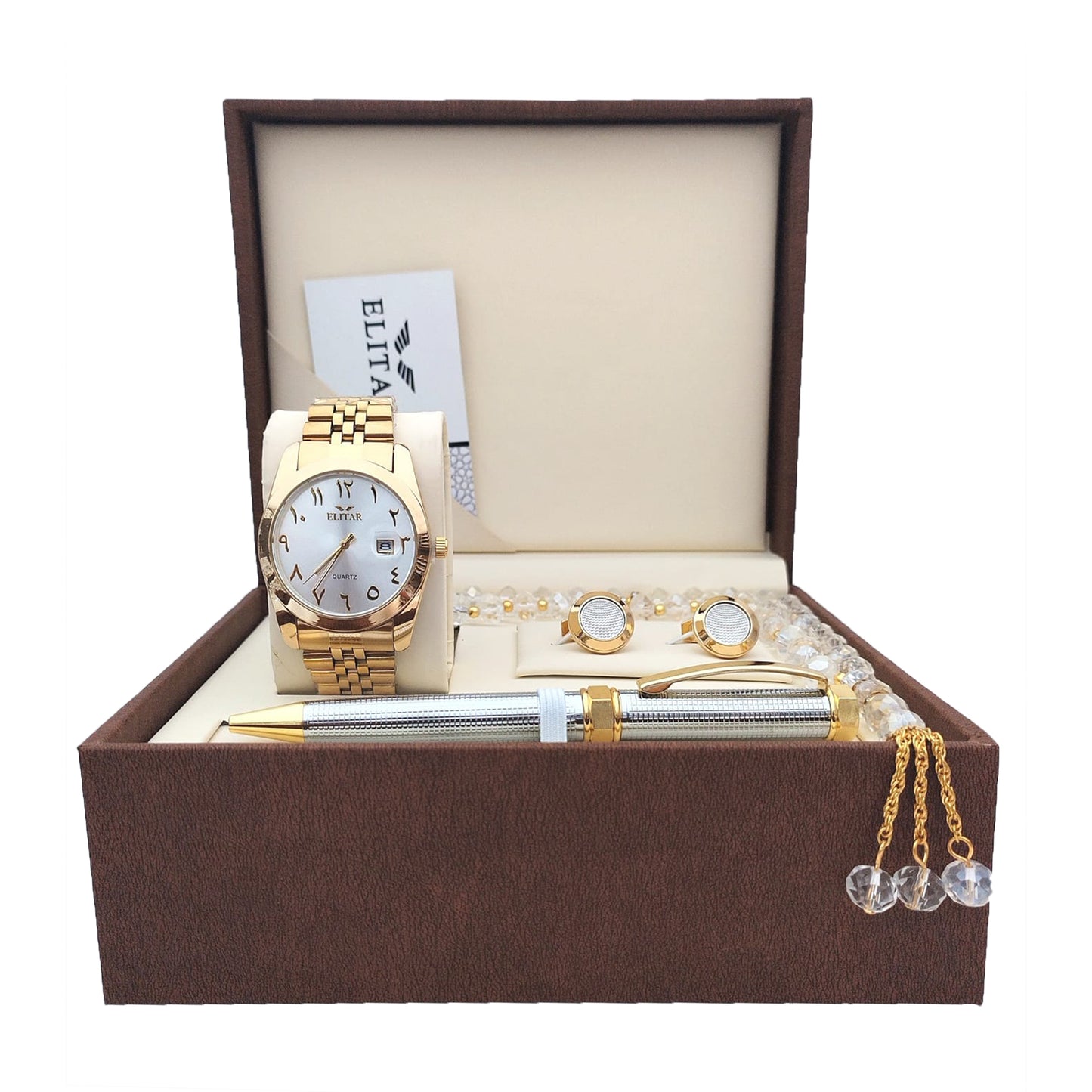 Luxury Men's Gift Box Set – Wrist Watch - Golden , Tasbeeh, Pen, and Cufflinks ( Golden Color & Multiple Designs)