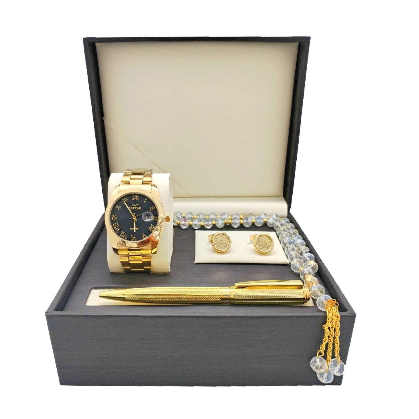 Luxury Men's Gift Box Set – Wrist Watch - Golden , Tasbeeh, Pen, and Cufflinks ( Golden Color & Multiple Designs)