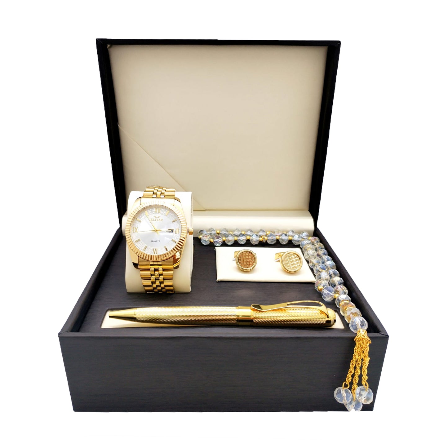 Luxury Men's Gift Box Set – Wrist Watch - Golden , Tasbeeh, Pen, and Cufflinks ( Golden Color & Multiple Designs)