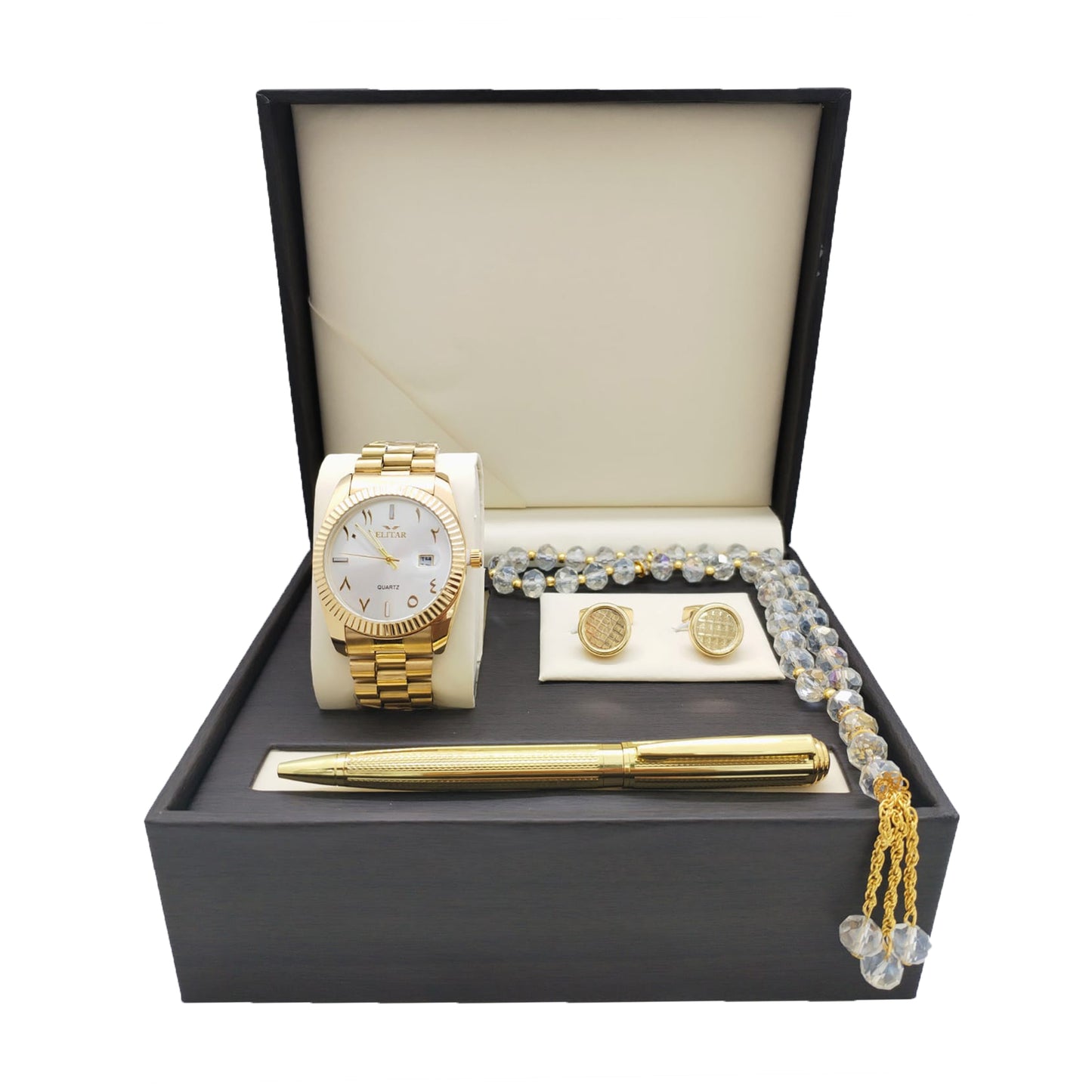 Luxury Men's Gift Box Set – Wrist Watch - Golden , Tasbeeh, Pen, and Cufflinks ( Golden Color & Multiple Designs)