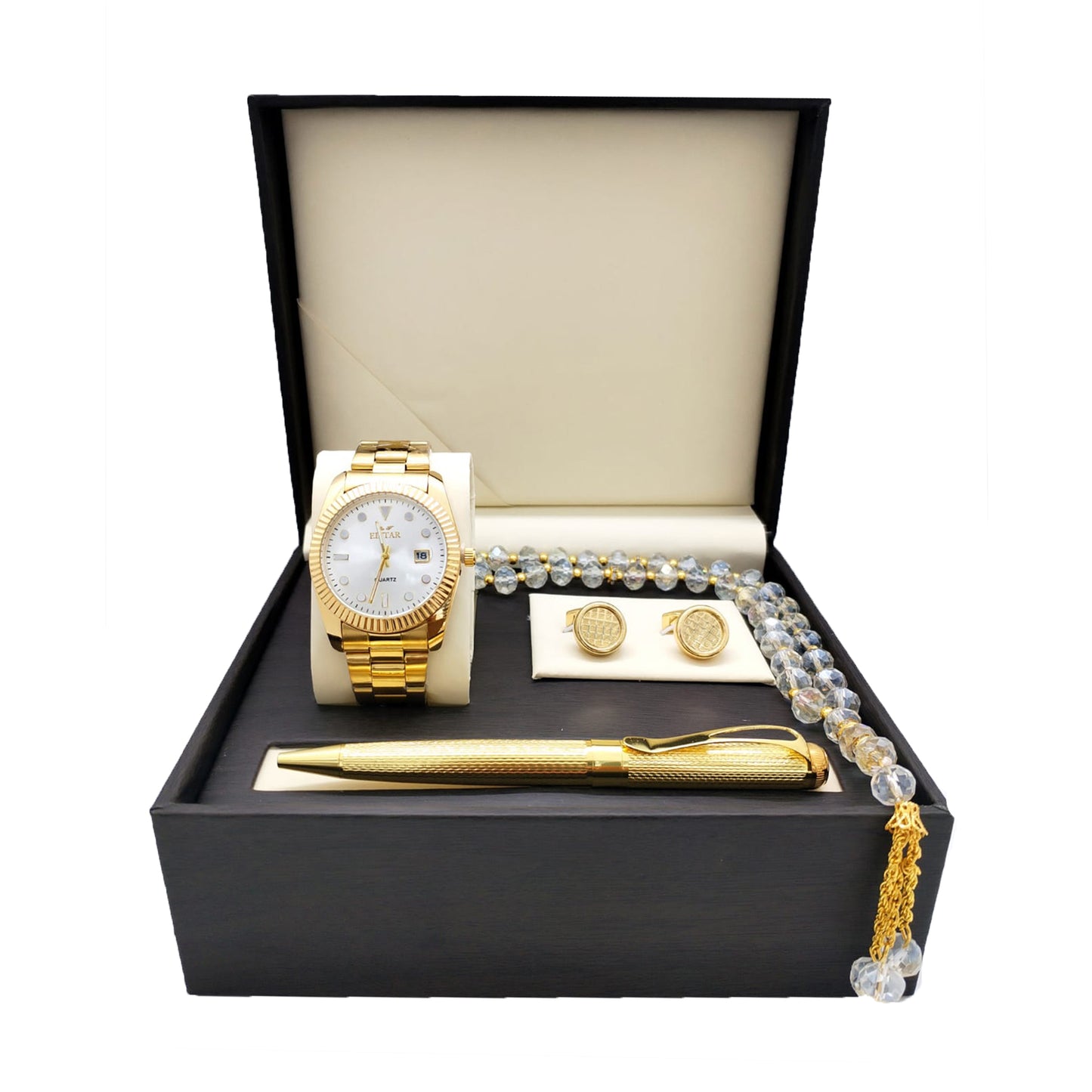 Luxury Men's Gift Box Set – Wrist Watch - Golden , Tasbeeh, Pen, and Cufflinks ( Golden Color & Multiple Designs)