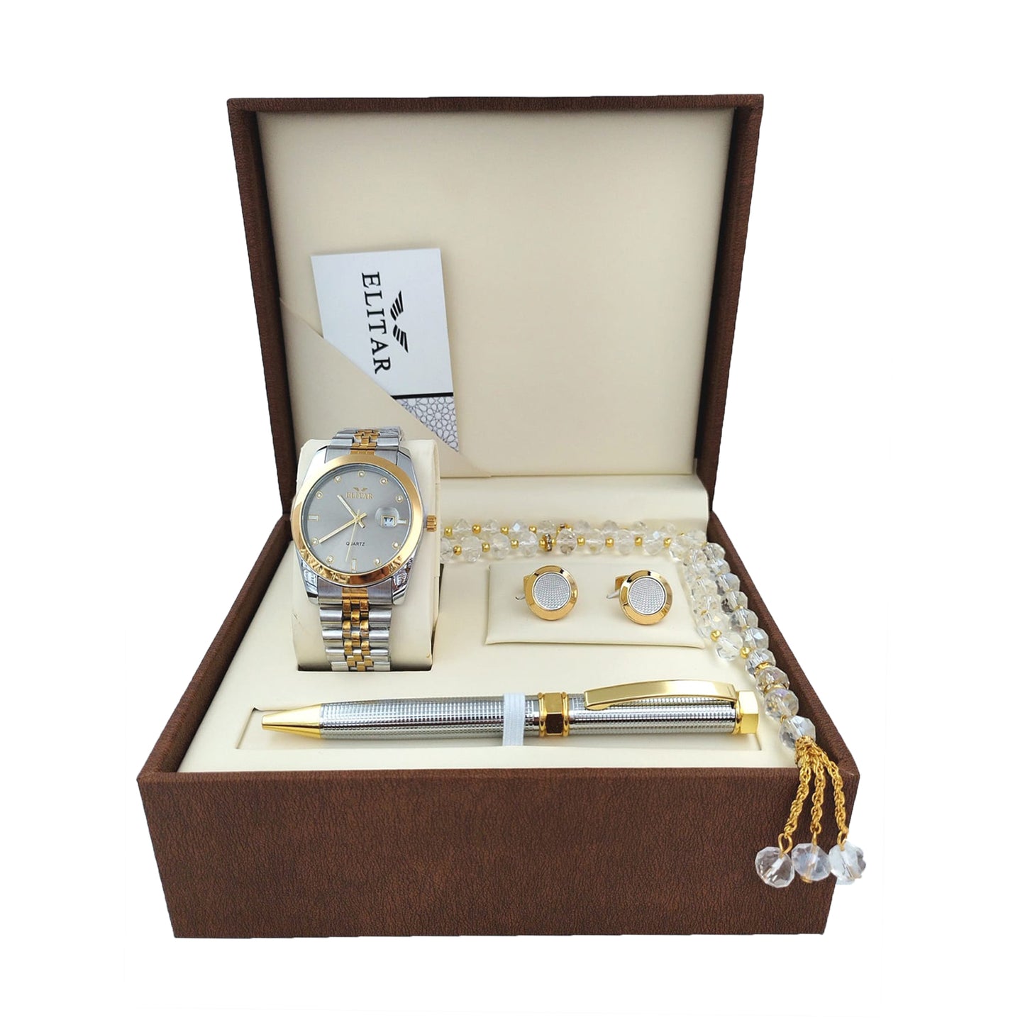 Luxury Men's Gift Box Set – Wrist Watch, Tasbeeh, Pen, and Cufflinks (Multiple Colors & Designs)