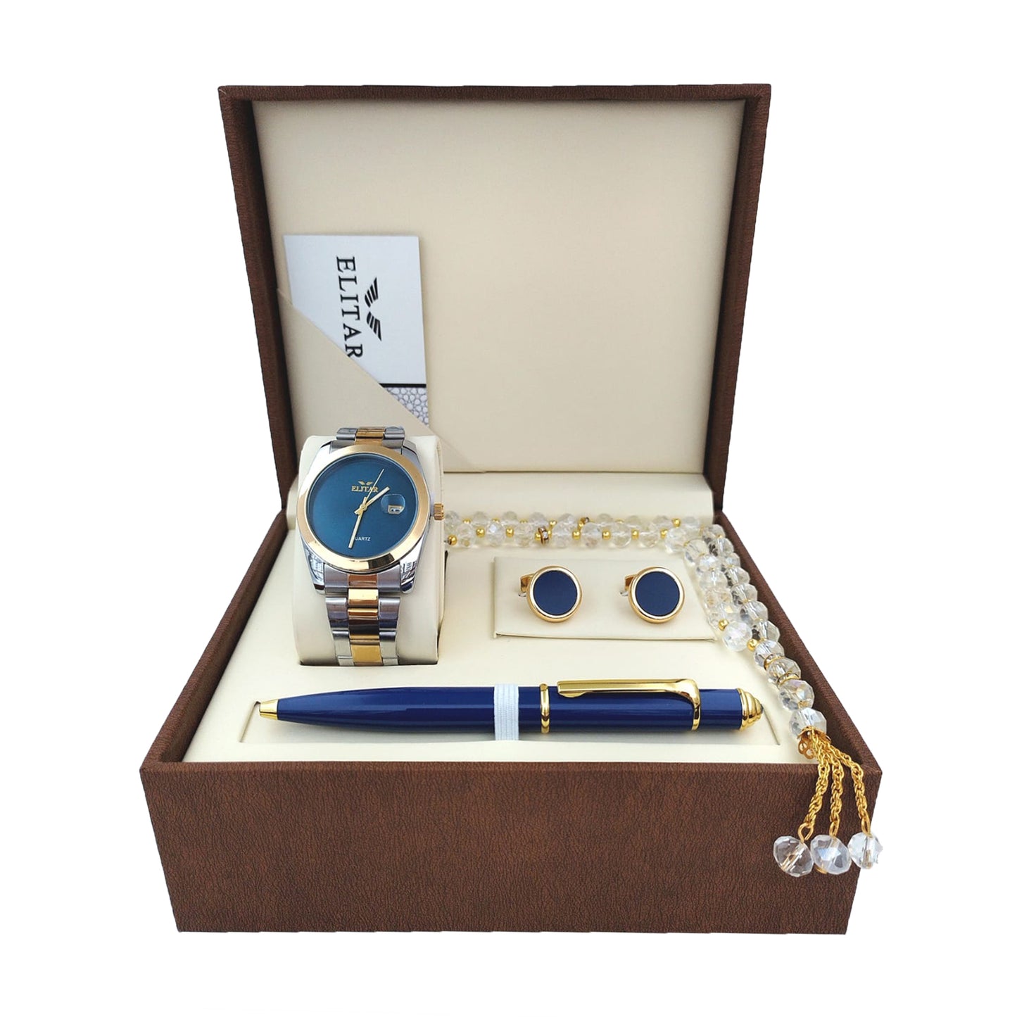 Luxury Men's Gift Box Set – Wrist Watch, Tasbeeh, Pen, and Cufflinks (Multiple Colors & Designs)