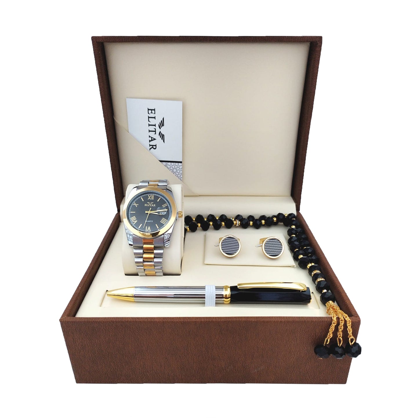 Luxury Men's Gift Box Set – Wrist Watch, Tasbeeh, Pen, and Cufflinks (Multiple Colors & Designs)