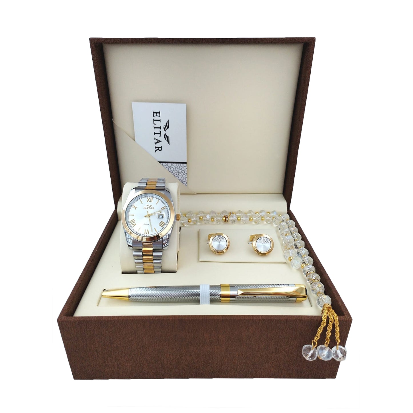 Luxury Men's Gift Box Set – Wrist Watch, Tasbeeh, Pen, and Cufflinks (Multiple Colors & Designs)