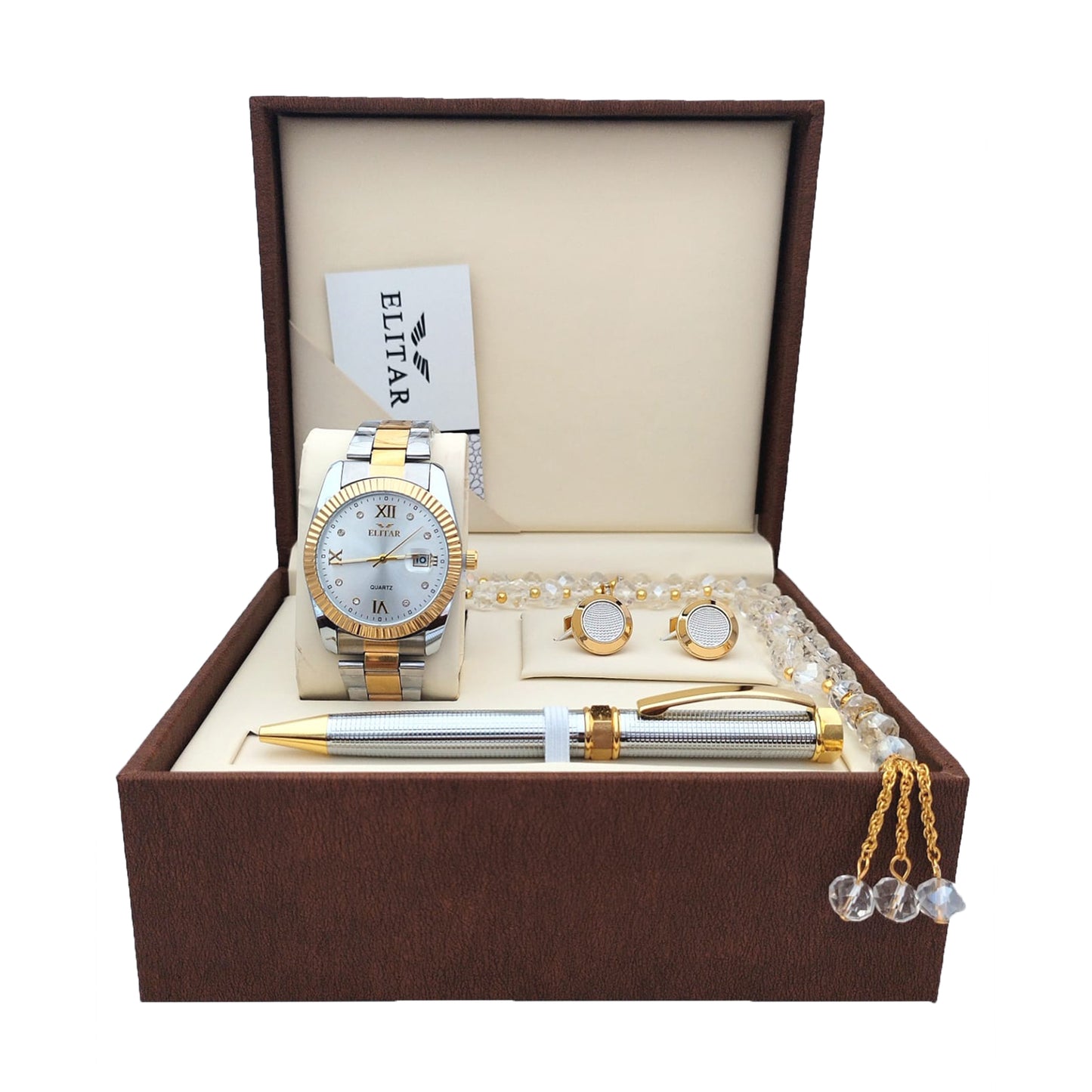 Luxury Men's Gift Box Set – Wrist Watch, Tasbeeh, Pen, and Cufflinks (Multiple Colors & Designs)