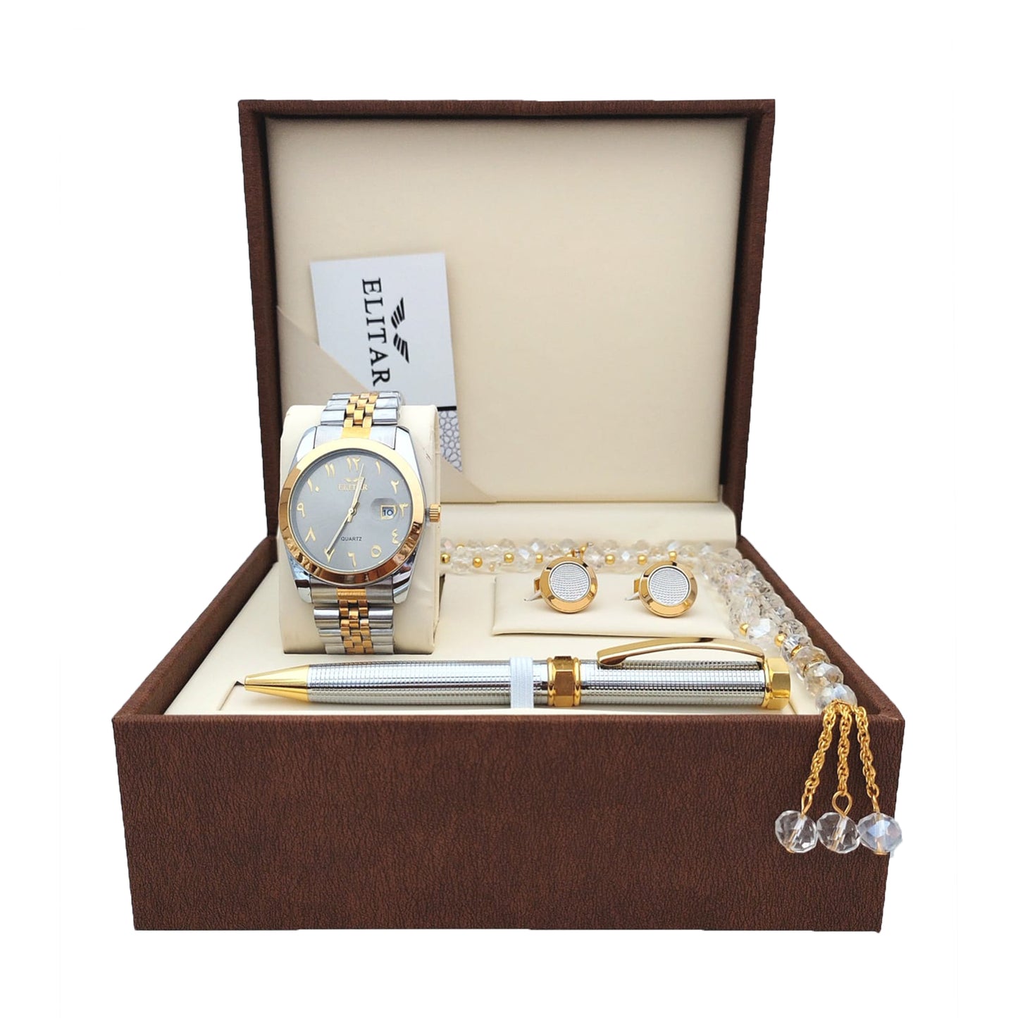 Luxury Men's Gift Box Set – Wrist Watch, Tasbeeh, Pen, and Cufflinks (Multiple Colors & Designs)