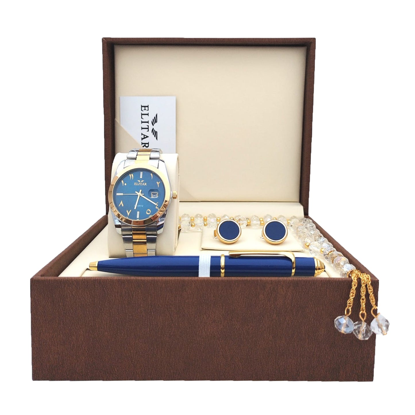 Luxury Men's Gift Box Set – Wrist Watch, Tasbeeh, Pen, and Cufflinks (Multiple Colors & Designs)