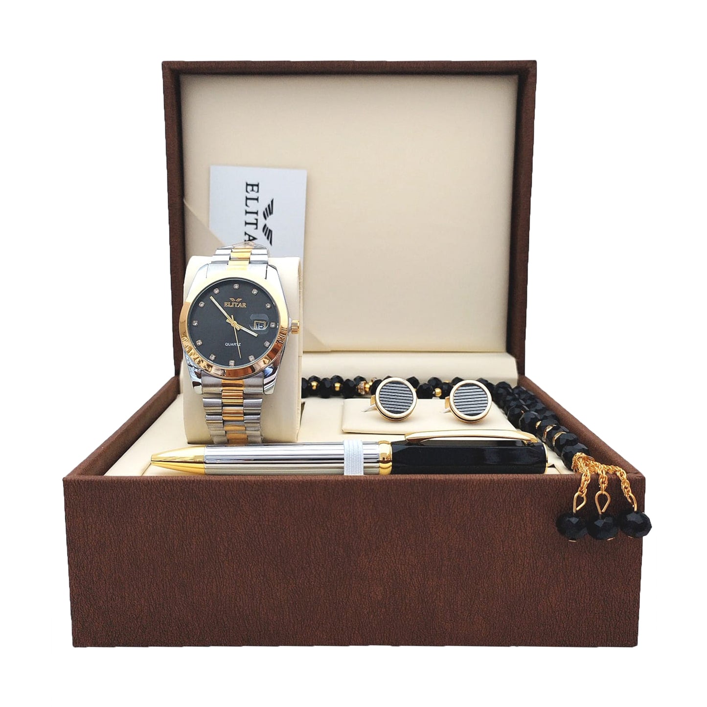 Luxury Men's Gift Box Set – Wrist Watch, Tasbeeh, Pen, and Cufflinks (Multiple Colors & Designs)