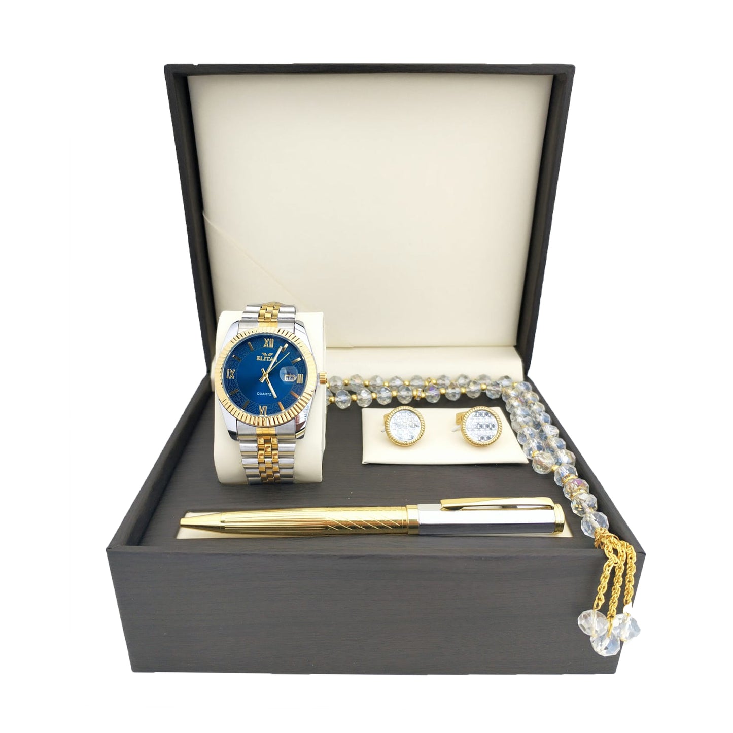 Luxury Men's Gift Box Set – Wrist Watch, Tasbeeh, Pen, and Cufflinks (Multiple Colors & Designs)