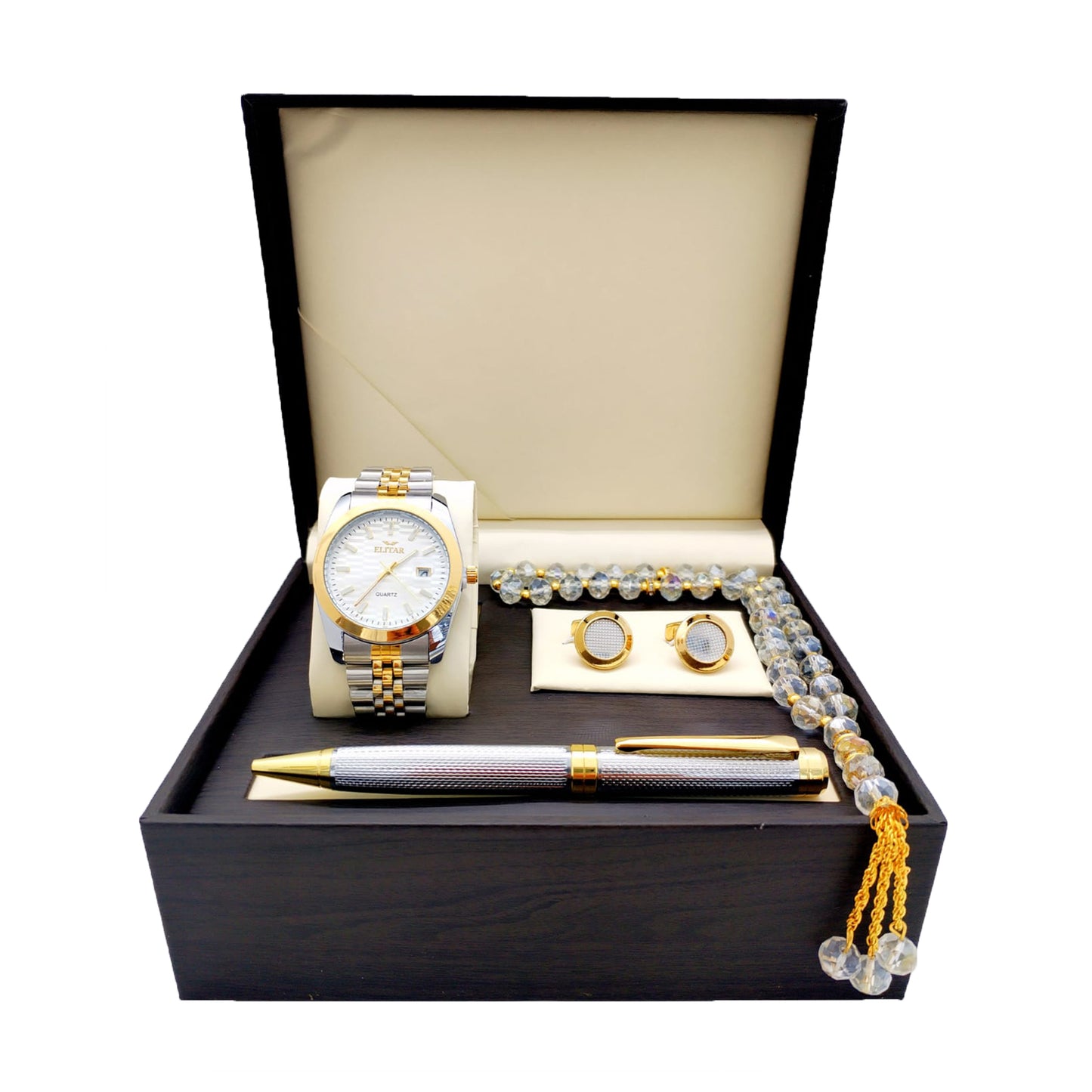 Luxury Men's Gift Box Set – Wrist Watch, Tasbeeh, Pen, and Cufflinks (Multiple Colors & Designs)