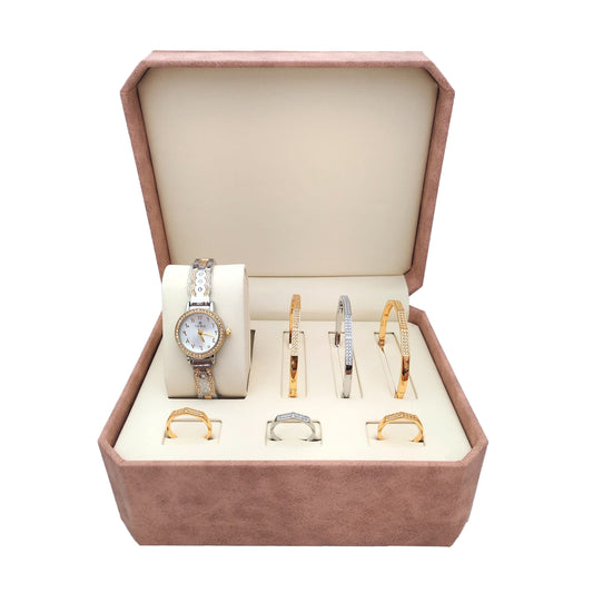 Elegant Women's Gift Box – Luxury Wrist Watch, Bracelets, and Rings Set – Perfect Gift for Her