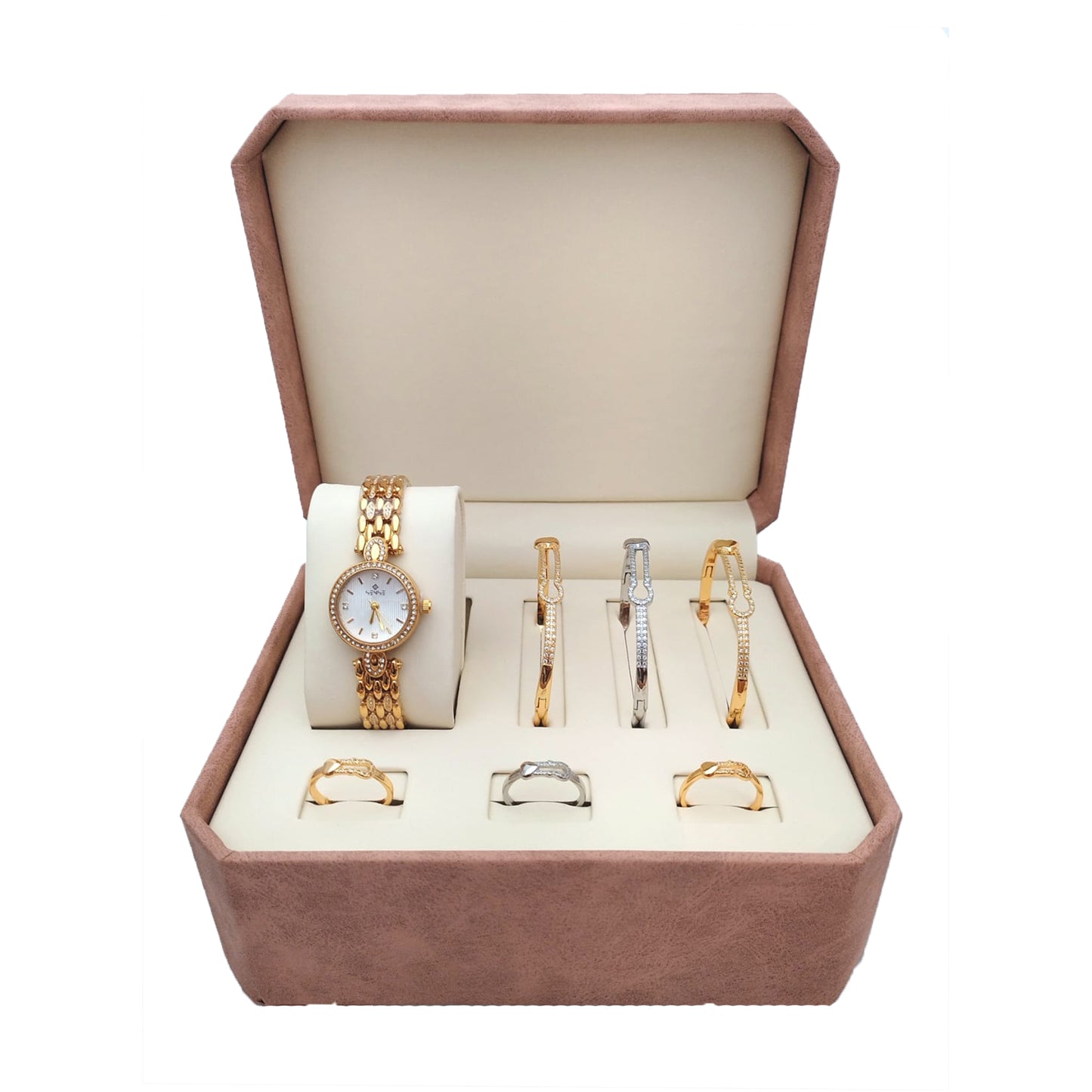 Elegant Women's Gift Box – Luxury Wrist Watch, Bracelets, and Rings Set – Perfect Gift for Her