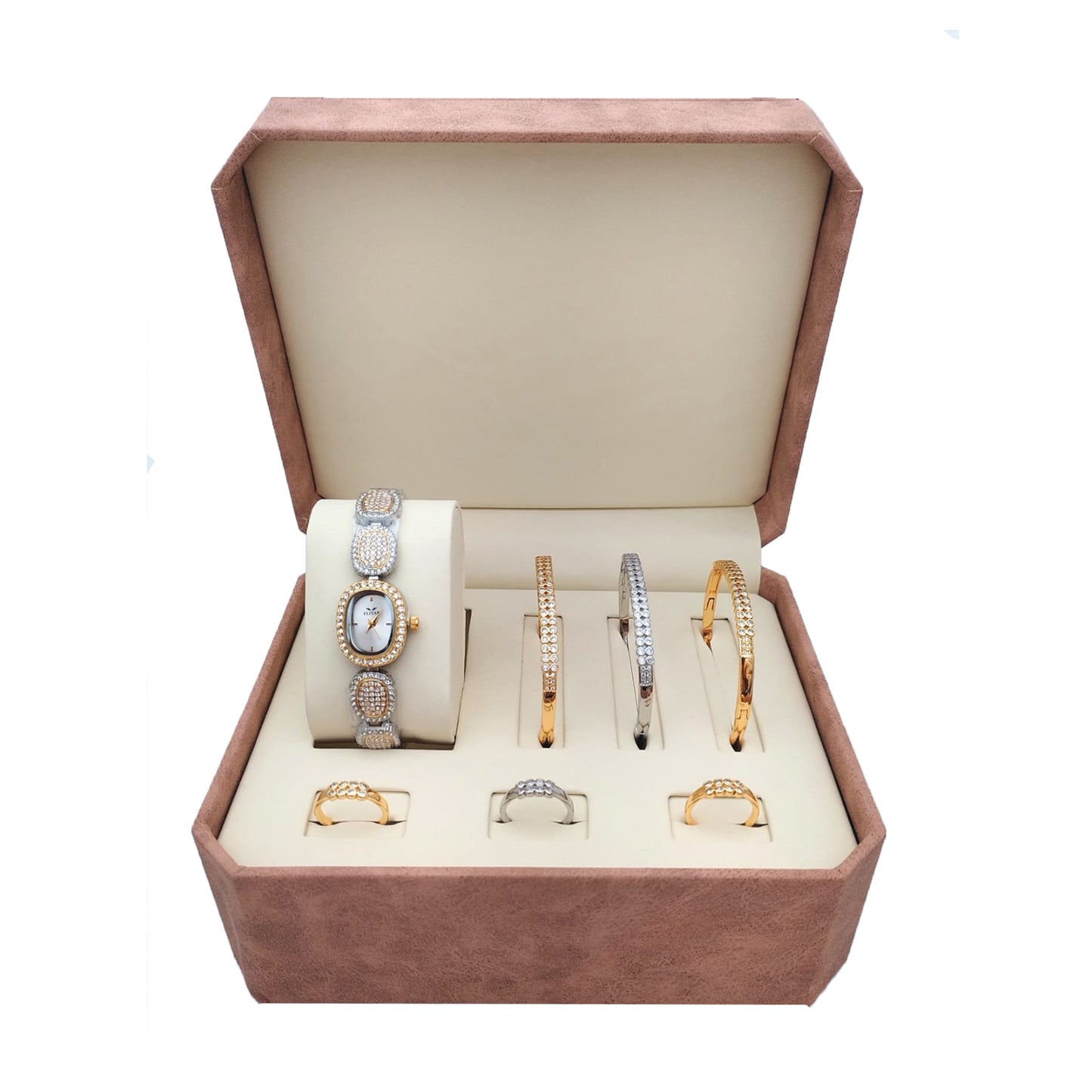 Elegant Women's Gift Box – Luxury Wrist Watch, Bracelets, and Rings Set – Perfect Gift for Her