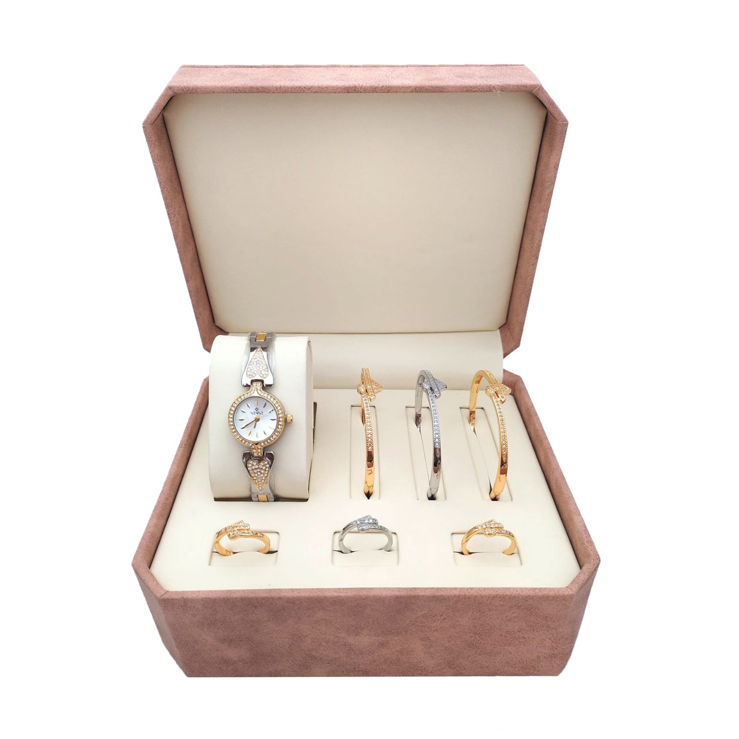 Elegant Women's Gift Box – Luxury Wrist Watch, Bracelets, and Rings Set – Perfect Gift for Her