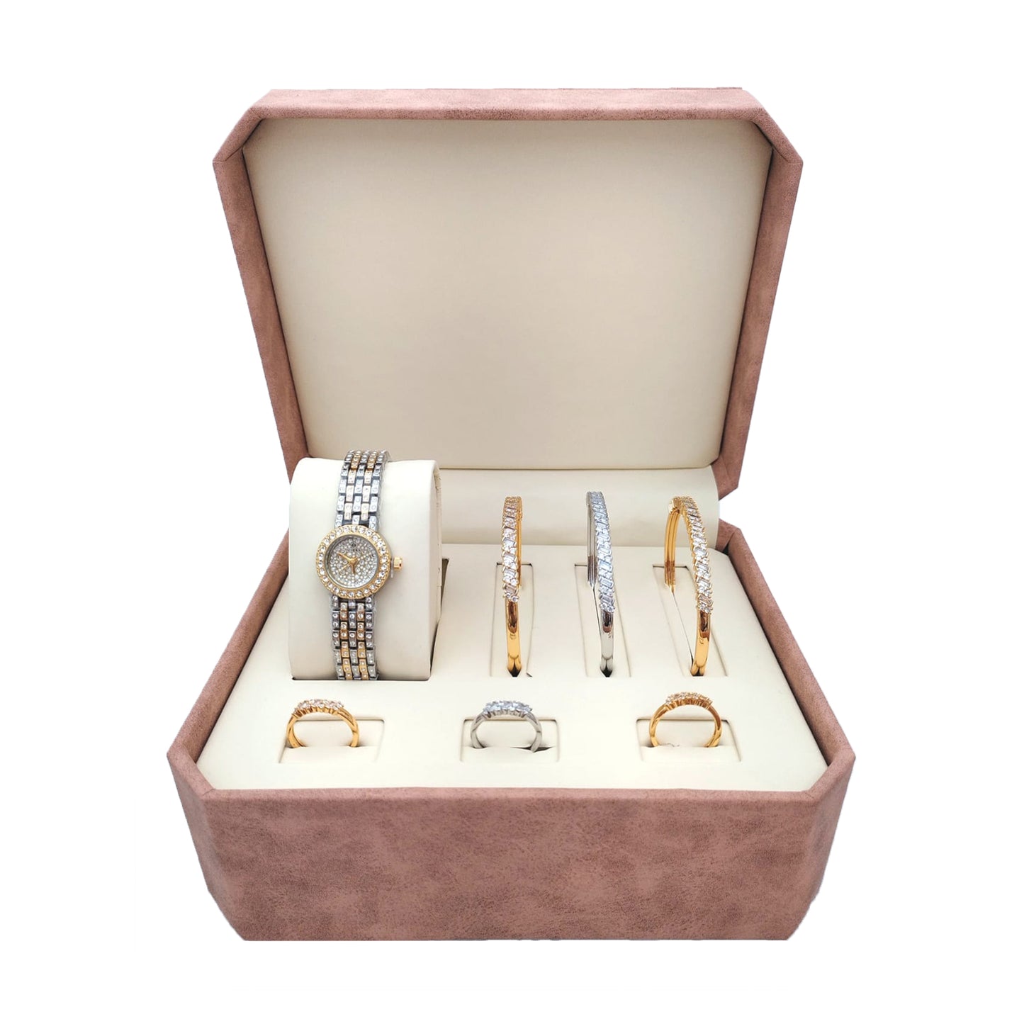 Elegant Women's Gift Box – Luxury Wrist Watch, Bracelets, and Rings Set – Perfect Gift for Her