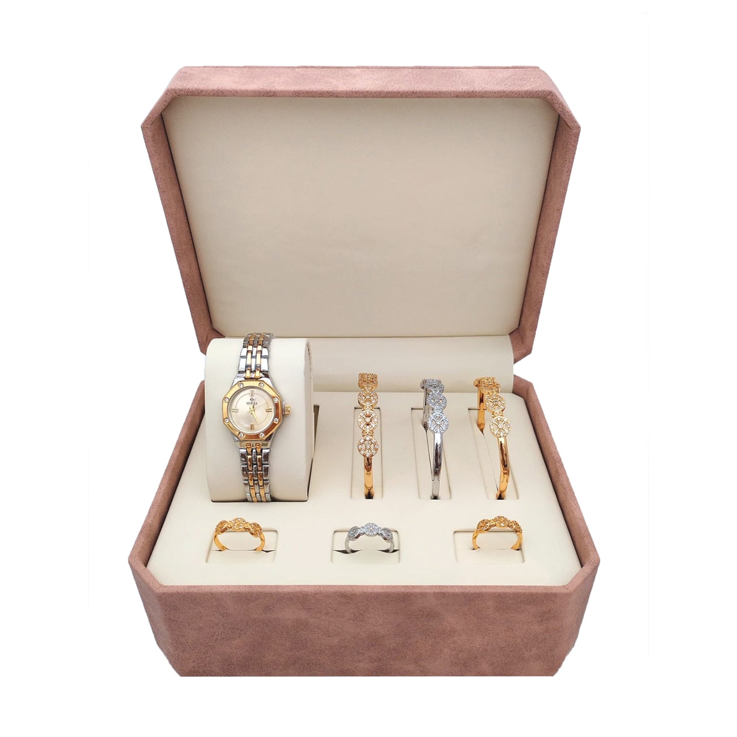 Elegant Women's Gift Box – Luxury Wrist Watch, Bracelets, and Rings Set – Perfect Gift for Her