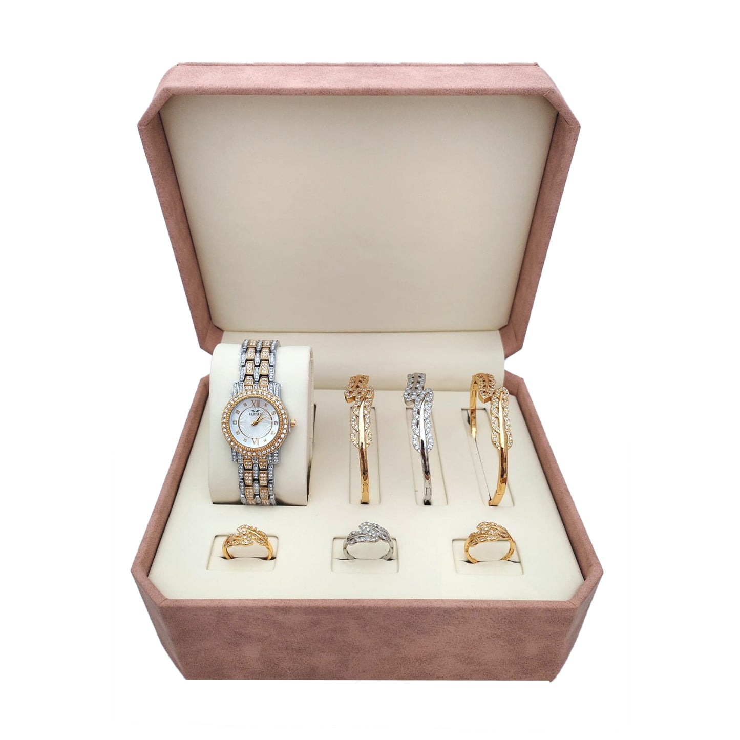 Elegant Women's Gift Box – Luxury Wrist Watch, Bracelets, and Rings Set – Perfect Gift for Her