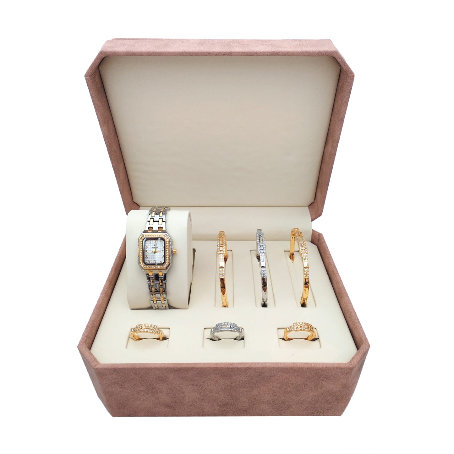 Elegant Women's Gift Box – Luxury Wrist Watch, Bracelets, and Rings Set – Perfect Gift for Her