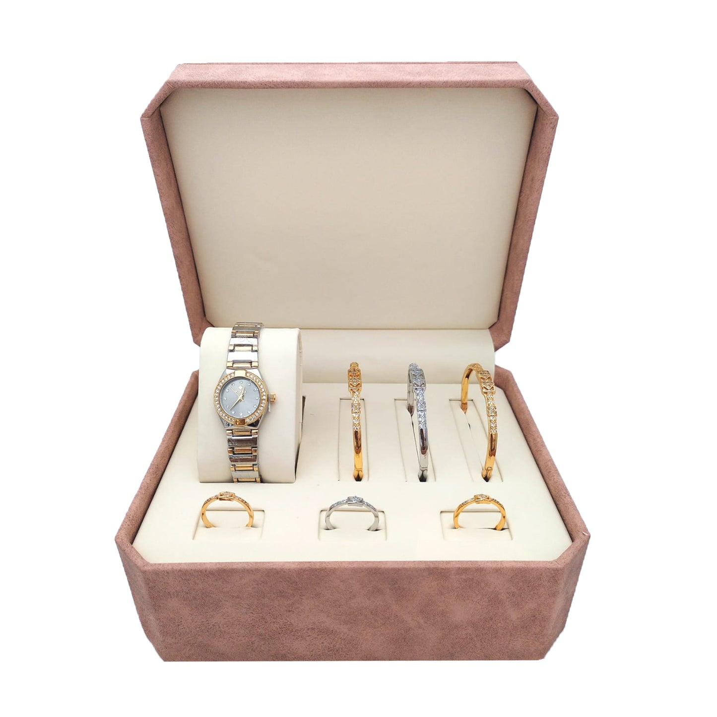 Elegant Women's Gift Box – Luxury Wrist Watch, Bracelets, and Rings Set – Perfect Gift for Her